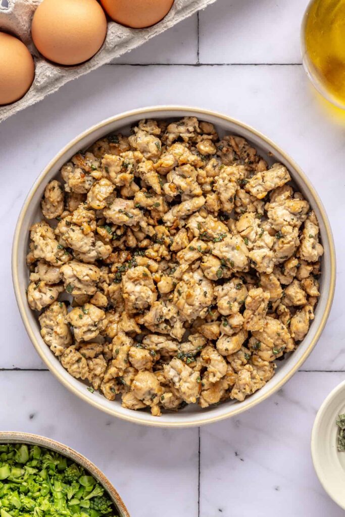 finished, olden, crispy maple sage chicken sausage in a bowl for egg bake