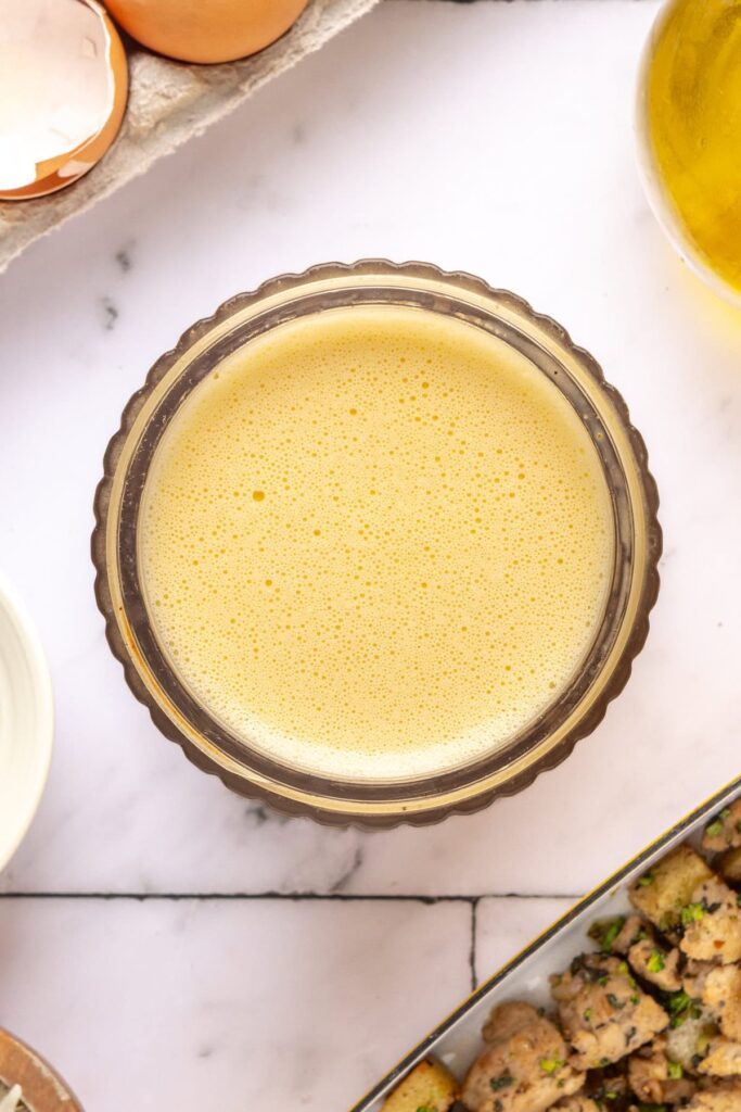 Fully blended egg mixture for Chicken & Veggie Egg Bake, including eggs and cottage cheese