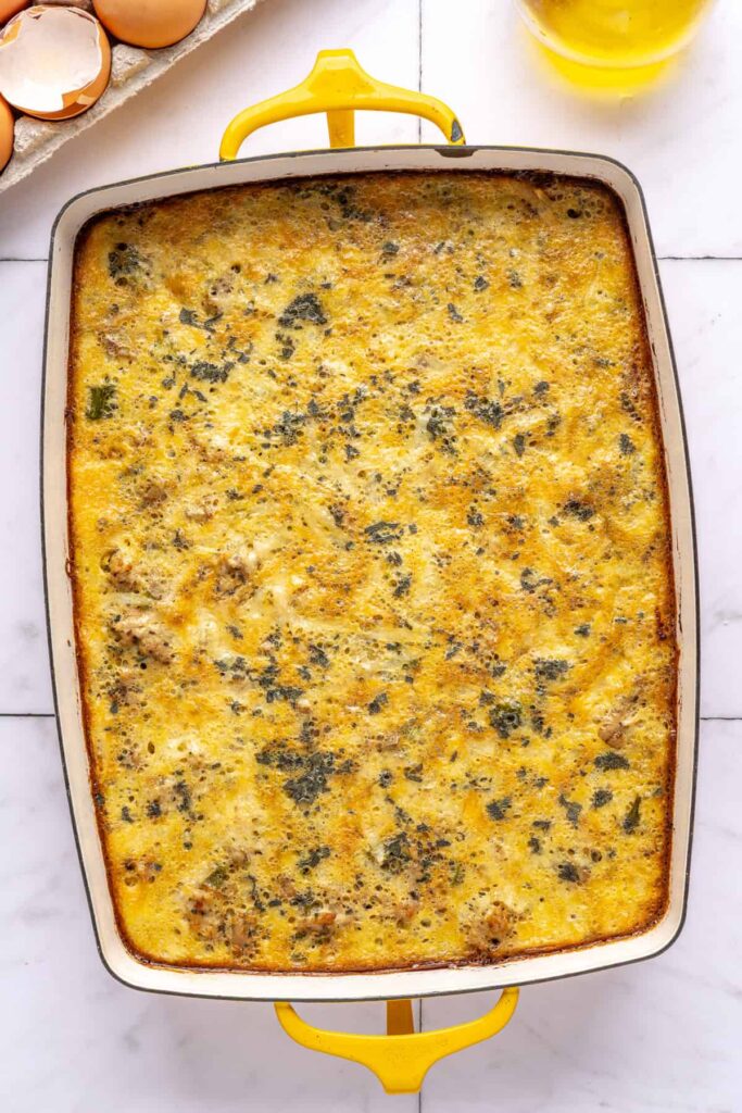 Baked Chicken & Veggie Egg Bake with maple sage chicken and veggies in a 9x13 dish