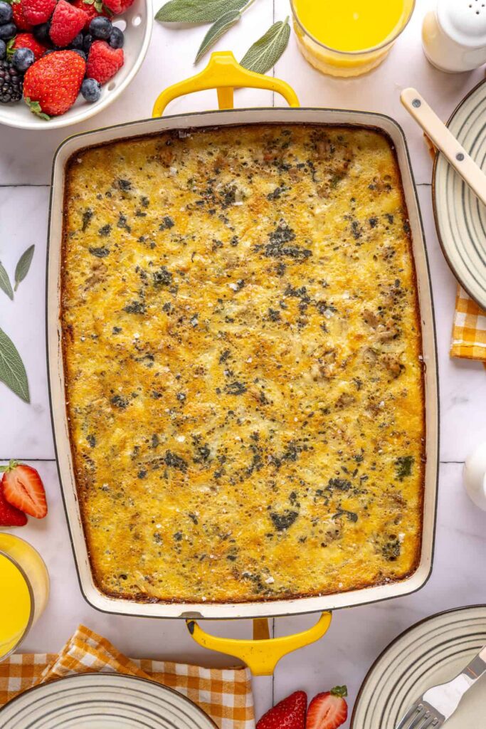 Baked Chicken & Veggie Egg Bake with maple sage chicken and veggies in a 9x13 dish