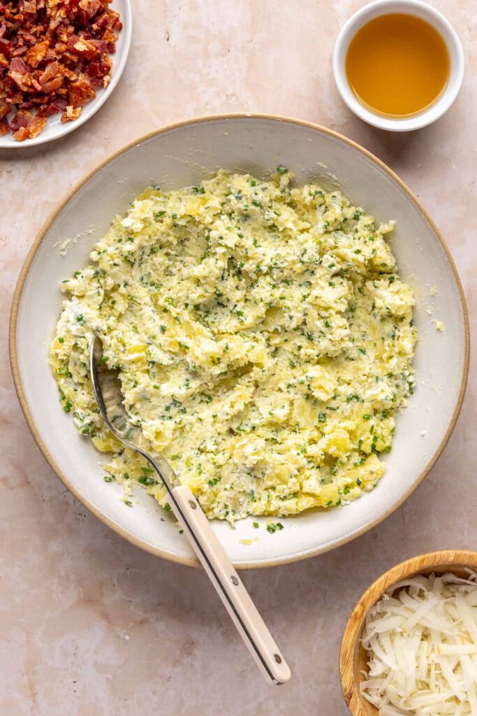 Smooth potato filling ready to be spooned into potato skins