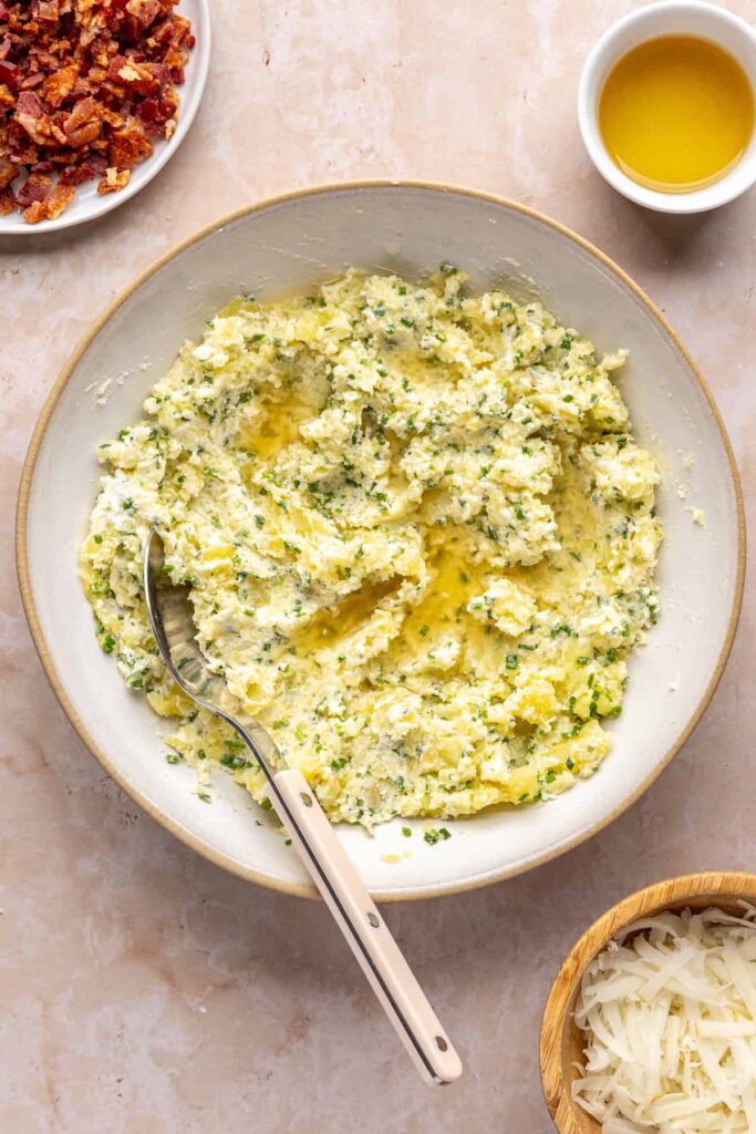 Smooth potato filling ready to be spooned into potato skins