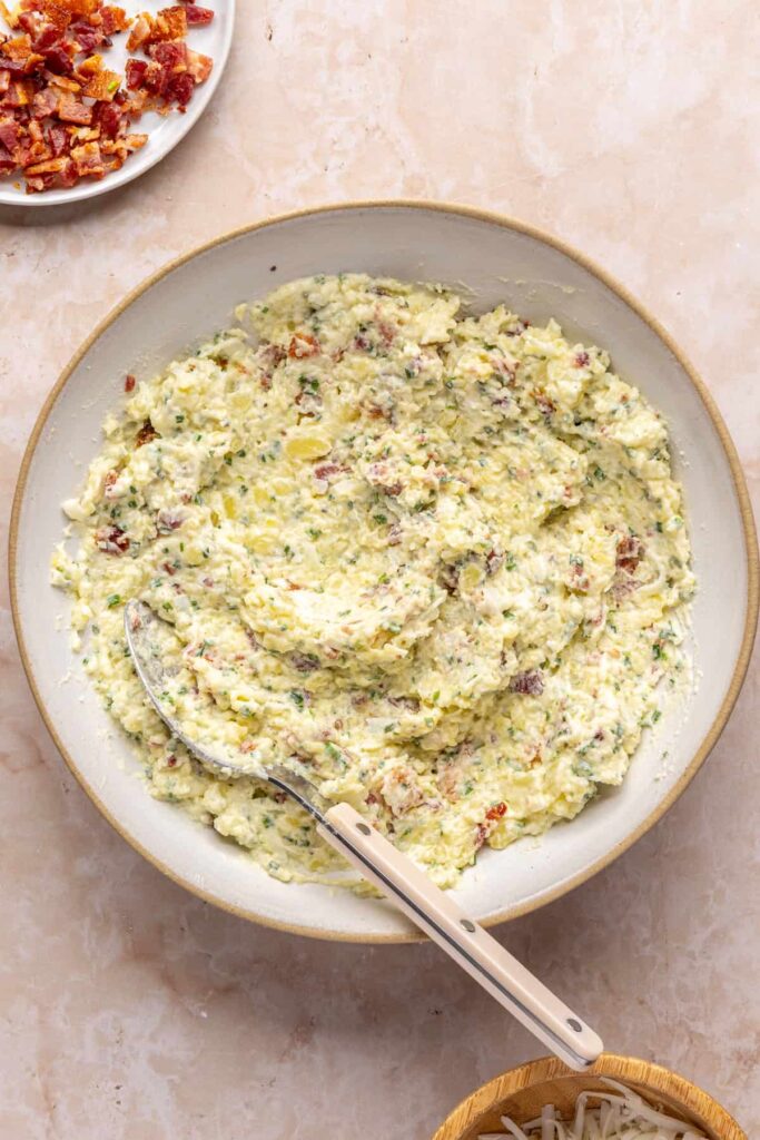 Smooth potato filling ready to be spooned into potato skins