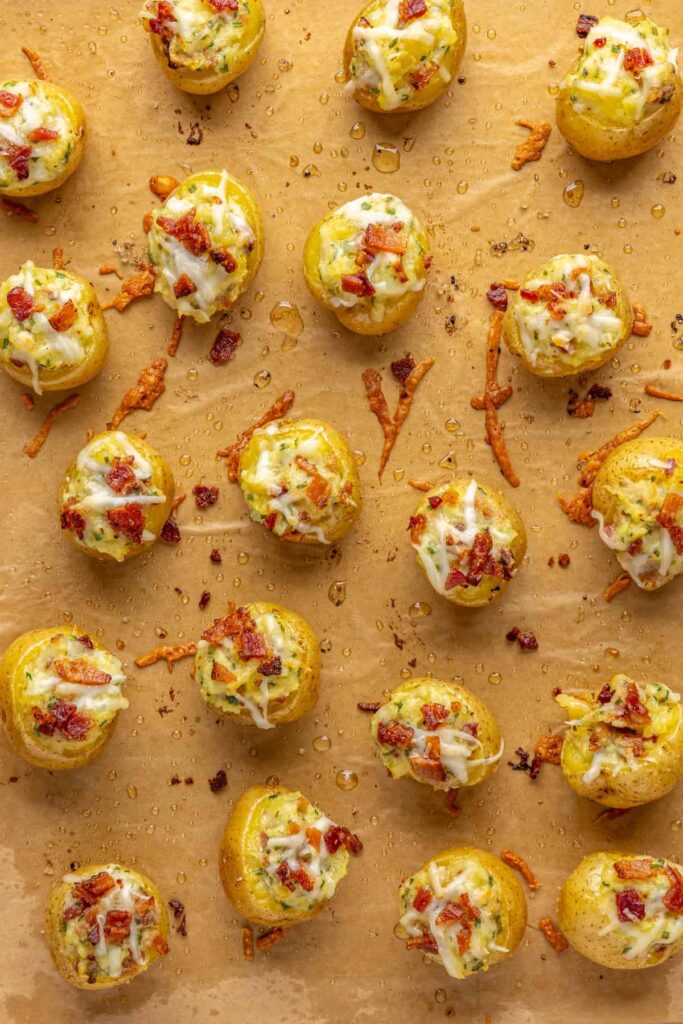 Overhead view of creamy twice baked potatoes fresh out of the oven
