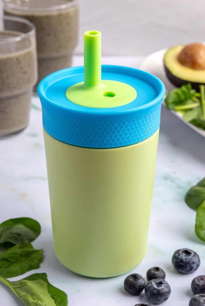 Toddler smoothie in Owala stainless steel cup, ready to enjoy on the go