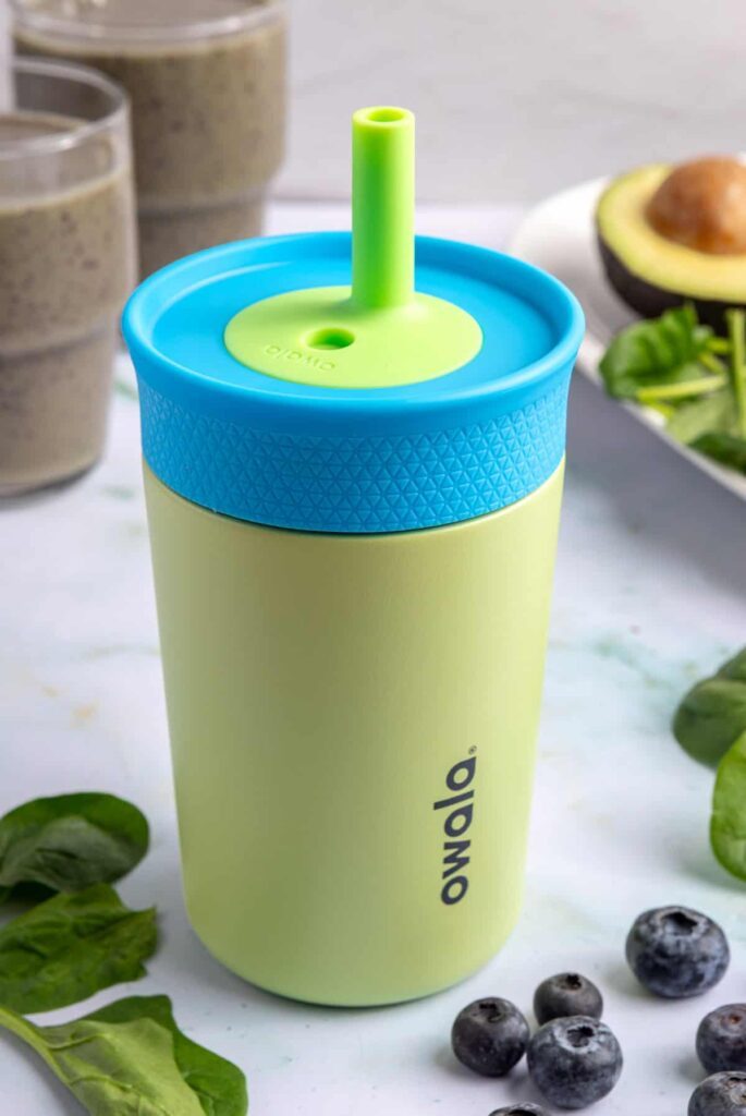 Toddler smoothie in Owala stainless steel cup, ready to enjoy on the go