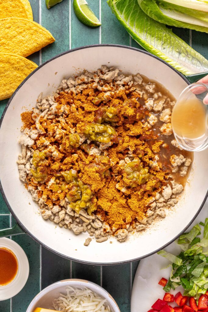 Bone broth added to ground turkey taco meat to keep turkey tacos juicy and flavorful