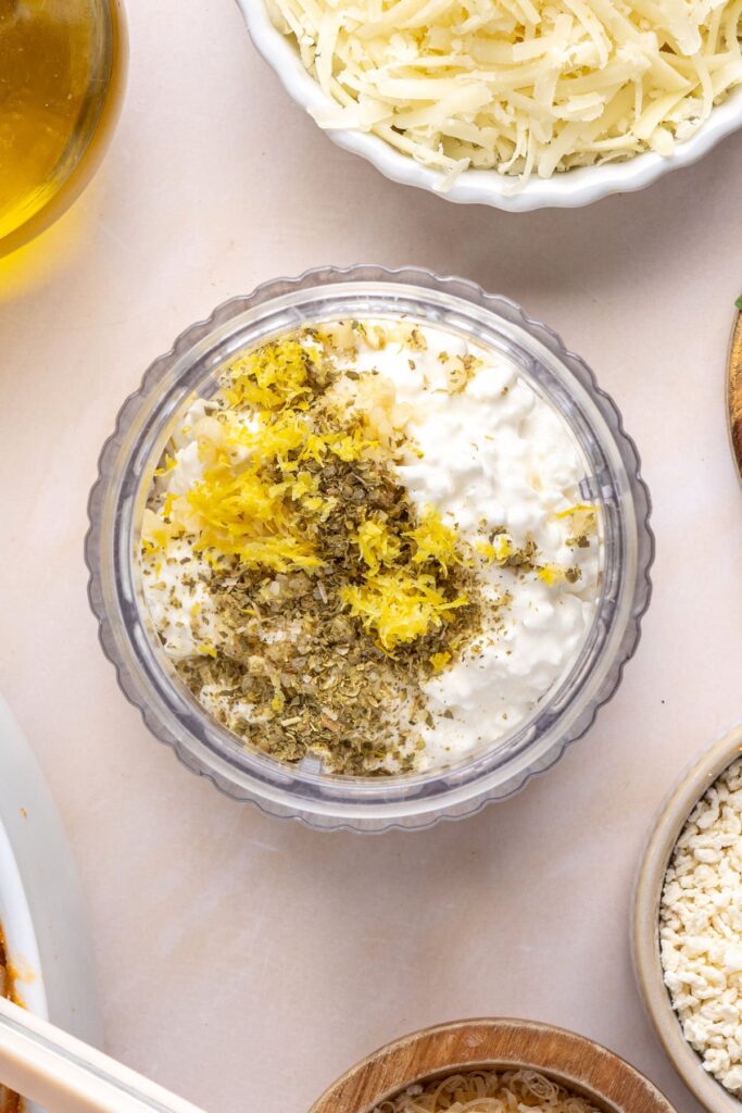 ingredients for Protein-packed cottage cheese mixture before being blended for baked ziti