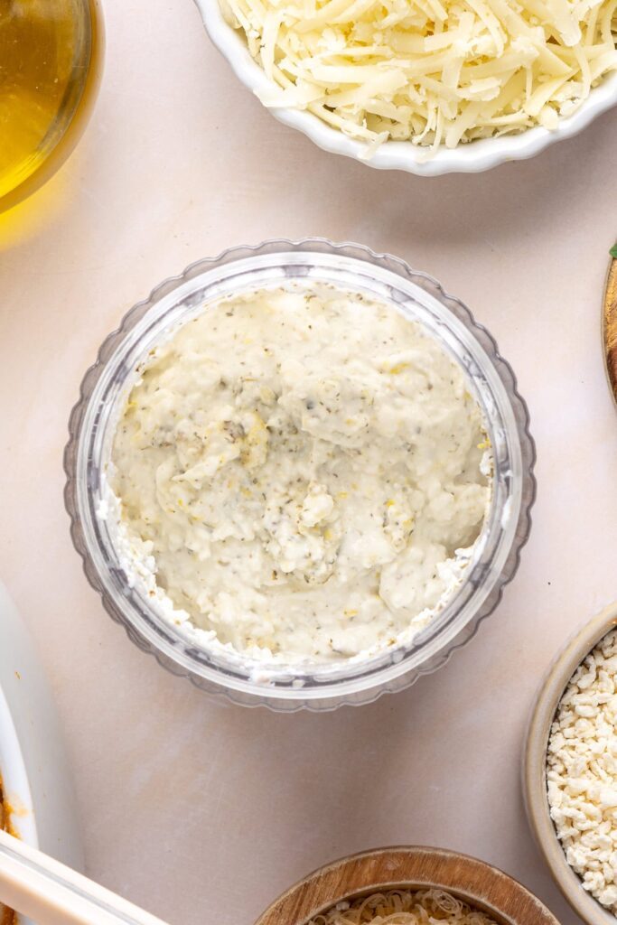 Cottage cheese blended with garlic, lemon, and herbs for high-protein baked ziti