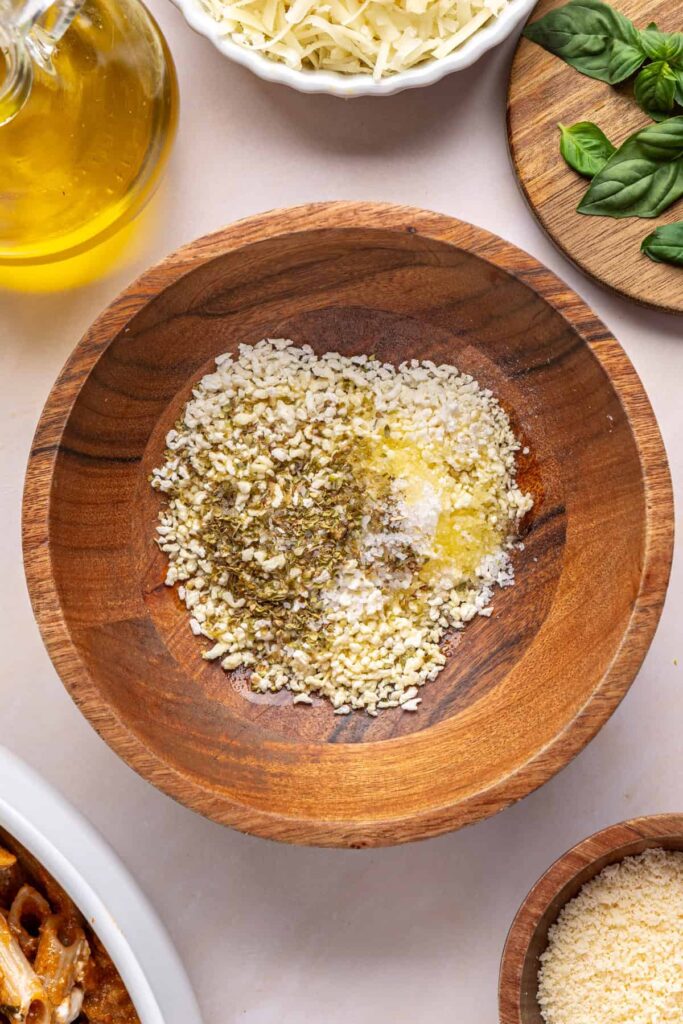 Gluten-free panko mixed with olive oil and oregano for baked ziti topping