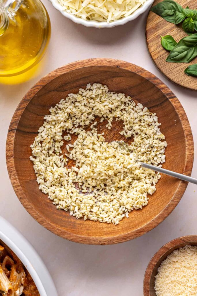 Seasoned panko breadcrumbs prepared for easy baked ziti