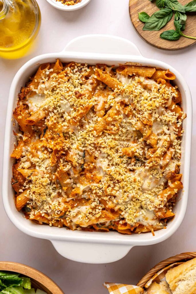 Golden, bubbly baked ziti fresh out of the oven