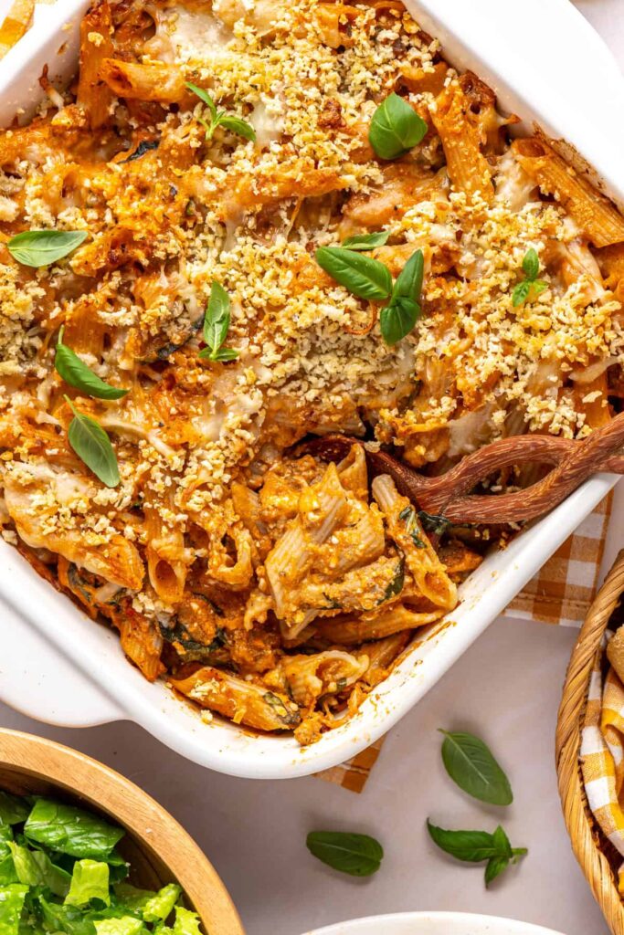 Easy baked ziti made with cottage cheese and creamy vodka sauce
