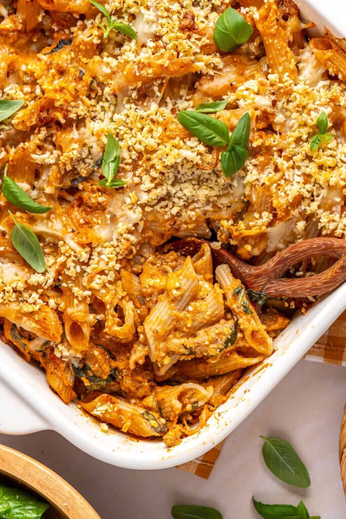 High-protein, freezer-friendly baked ziti with hidden veggie vodka sauce