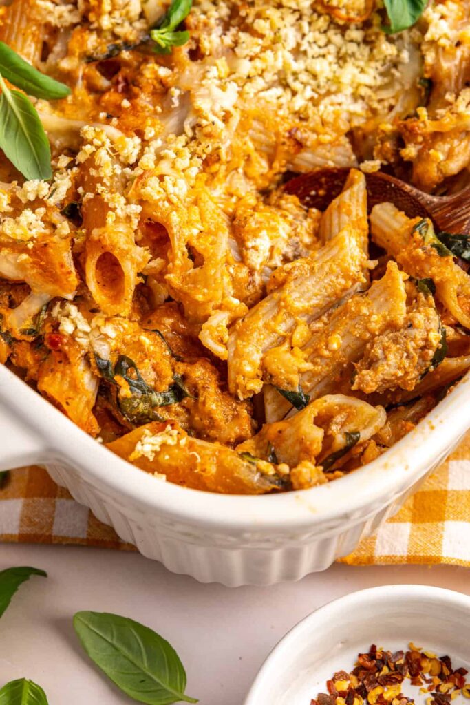 close up of Easy baked ziti made with cottage cheese and creamy vodka sauce