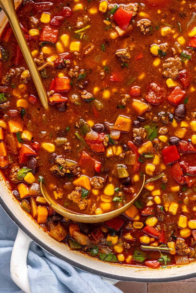 close up of a ladle in a Dutch oven filled with chipotle beef & black bean soup