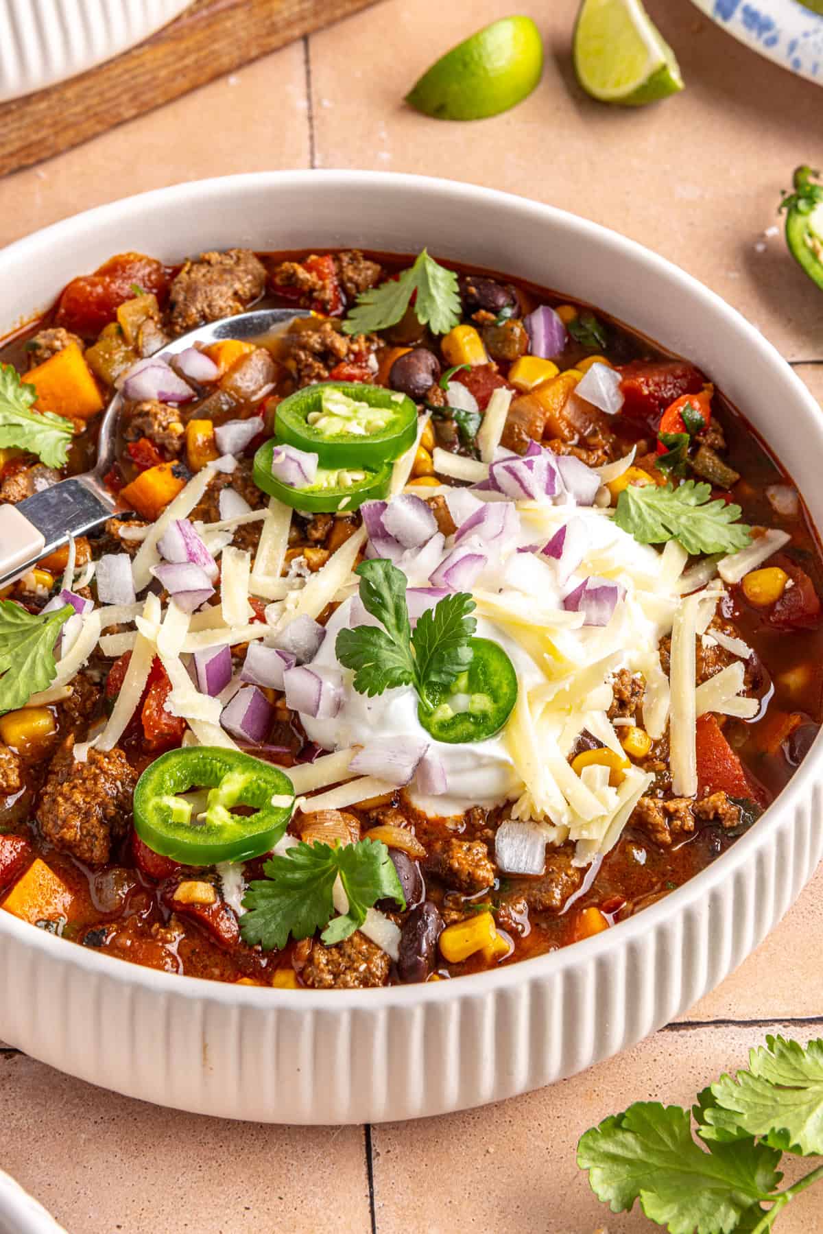 High-protein chipotle beef & black bean soup served for a cozy winter dinner