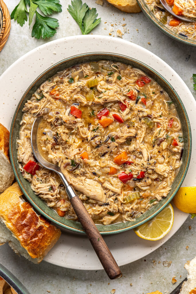 Warm bowl of homemade cajun chicken soup ready to eat