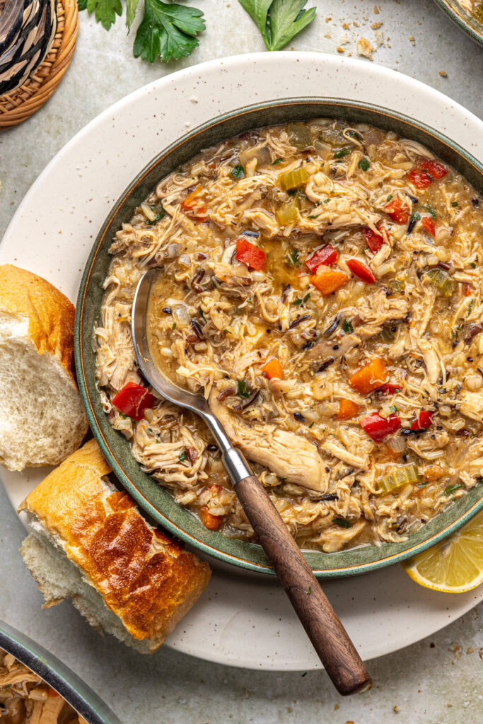 Creamy dairy-free cajun chicken soup plated for dinner
