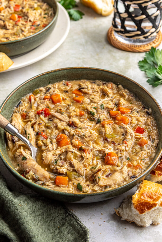 Homemade cajun chicken soup ready to eat in serving bowl