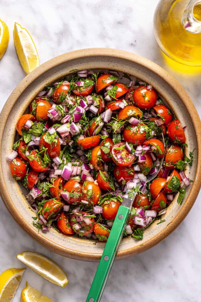 Greek-style tomato relish with dill, cilantro, and red onion