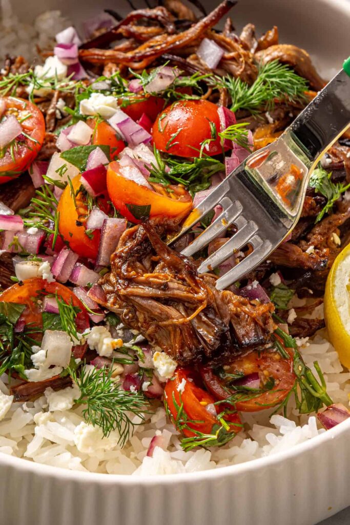 Close-up of crispy Greek beef with fresh herbs and tomato relish in a rice bowl