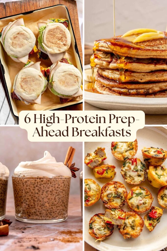 High protein meal prep breakfasts including egg muffins, overnight oats, and yogurt parfaits
