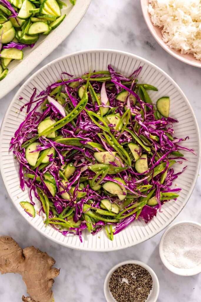 Crunchy snap pea slaw tossed with sesame dressing