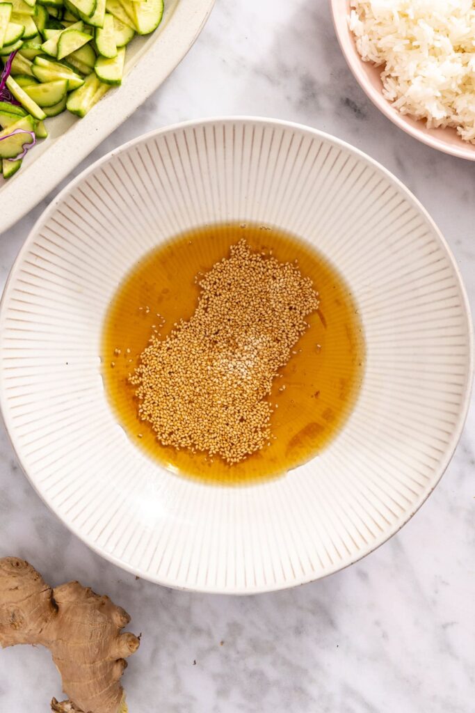 Preparing sesame dressing for snap pea slaw