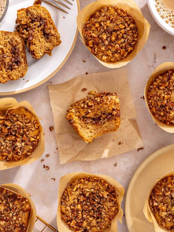 Moist coffee cake muffins with cinnamon streusel topping