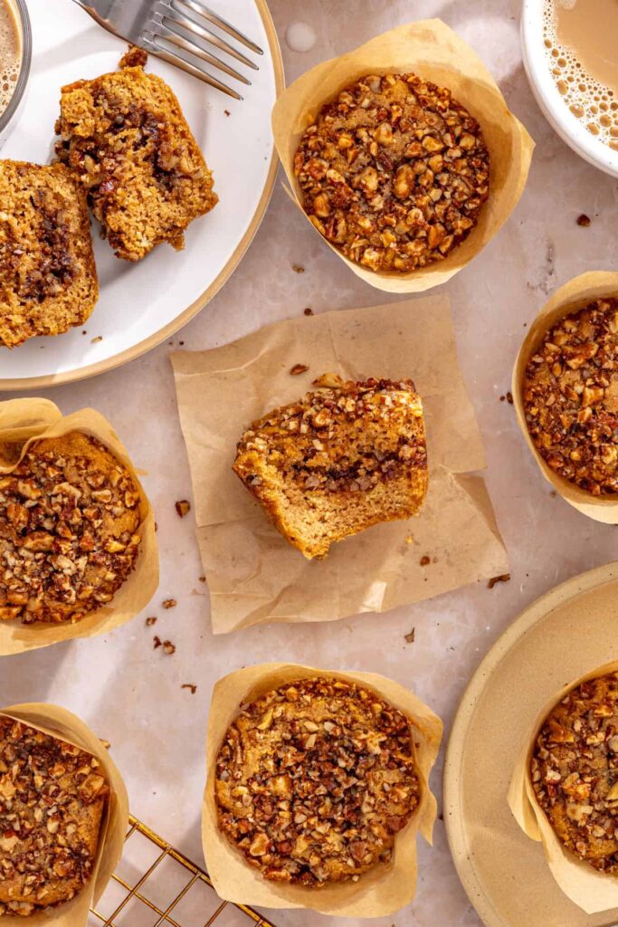 Moist coffee cake muffins with cinnamon streusel topping