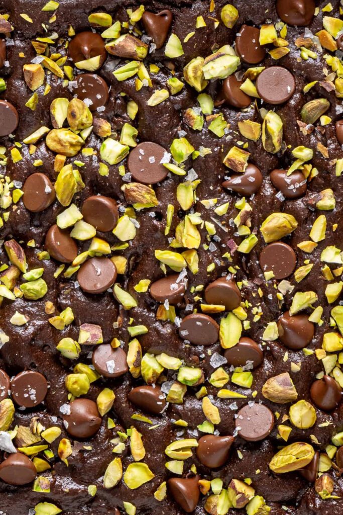 Close up overhead of freshly baked fudgy pistachio brownies