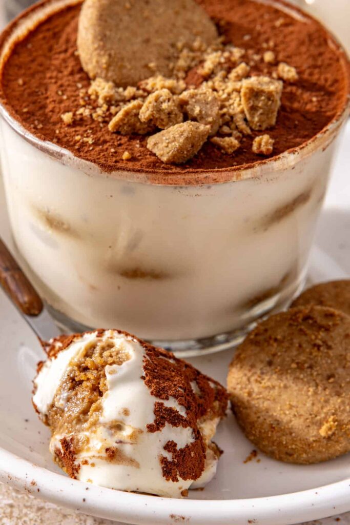 Close-up of creamy high-protein tiramisu cup
