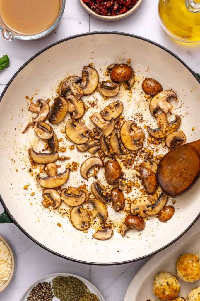 Sautéing mushrooms for marry me chicken meatballs sauce