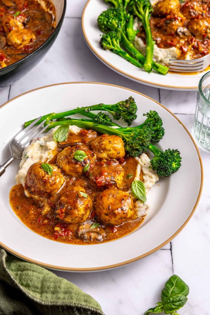 Balanced high-protein meal with chicken meatballs and broccolini