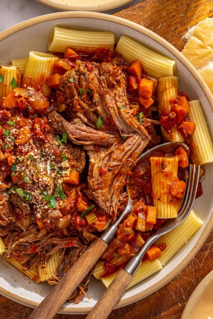 Close-up texture of slow cooker short rib ragu sauce