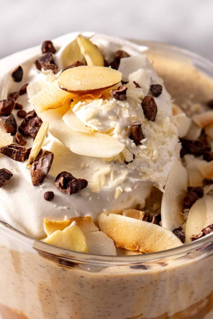 Detailed shot of almond joy smoothie toppings with chocolate and coconut