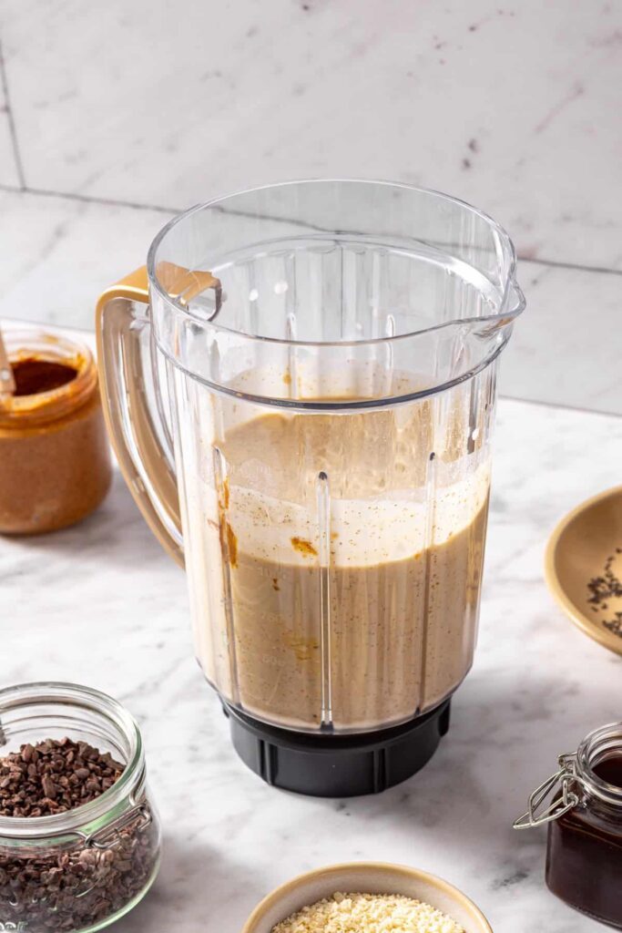 Almond joy healthy dessert smoothie fully blended with creamy texture