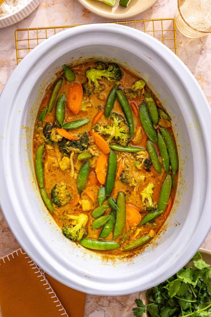 finishing slow cooker curry with green vegetables