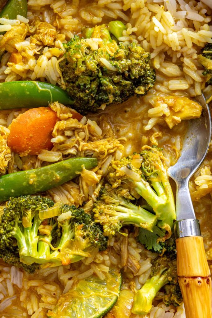 detailed shot of crockpot chicken curry with vegetables and herbs