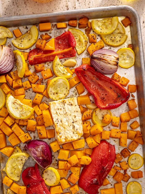 Roasted vegetables and feta for butternut squash ravioli sauce