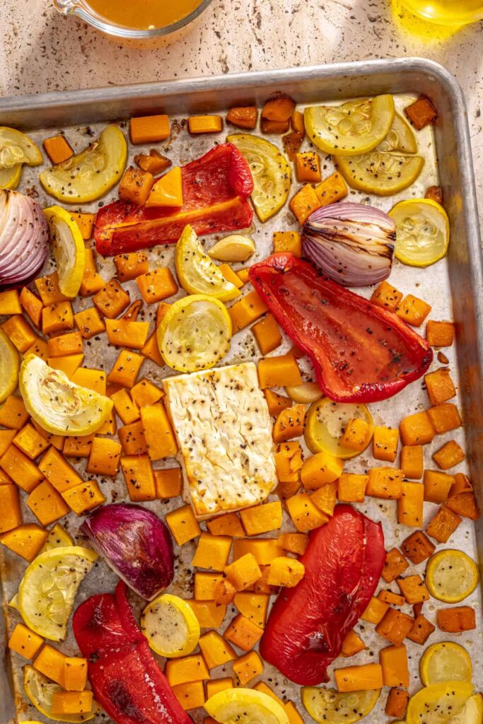 Roasted vegetables and feta for butternut squash ravioli sauce
