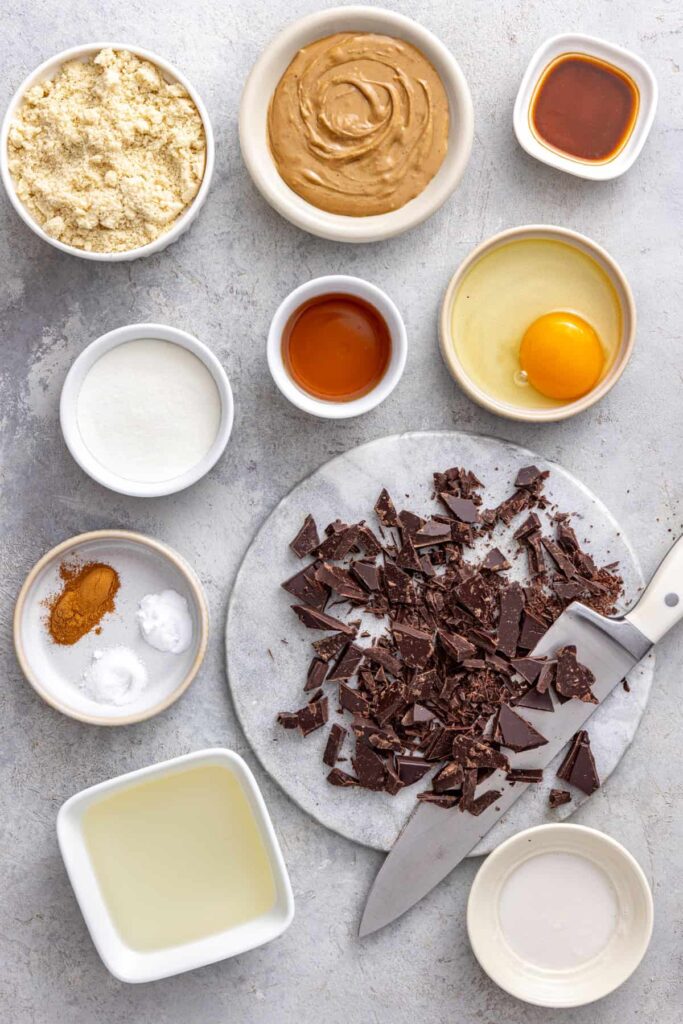 Ingredients for healthy chocolate chip cookie skillet arranged on a kitchen counter