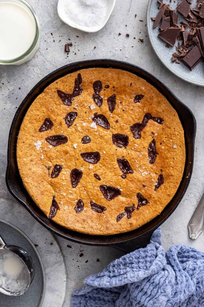 Golden brown gluten-free cookie skillet fresh from the oven