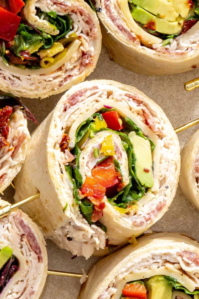 Close-up overhead view of gluten-free turkey pinwheel appetizers
