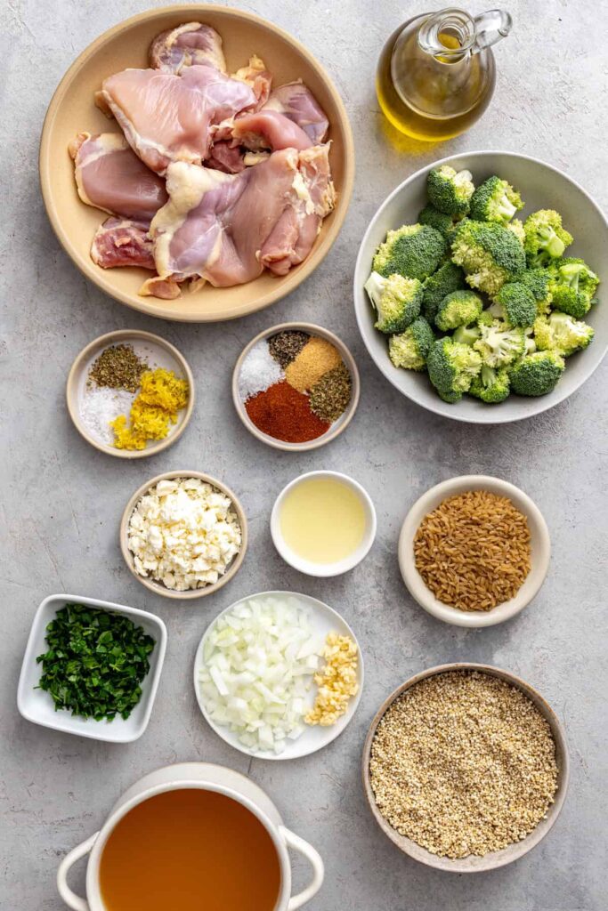 Chicken thighs, quinoa, broccoli, herbs, and feta for chicken quinoa pilaf