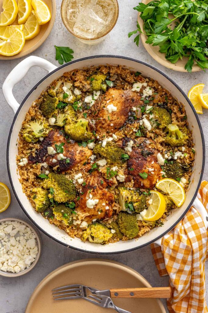 One-pan lemon herb chicken quinoa pilaf on a styled dinner table
