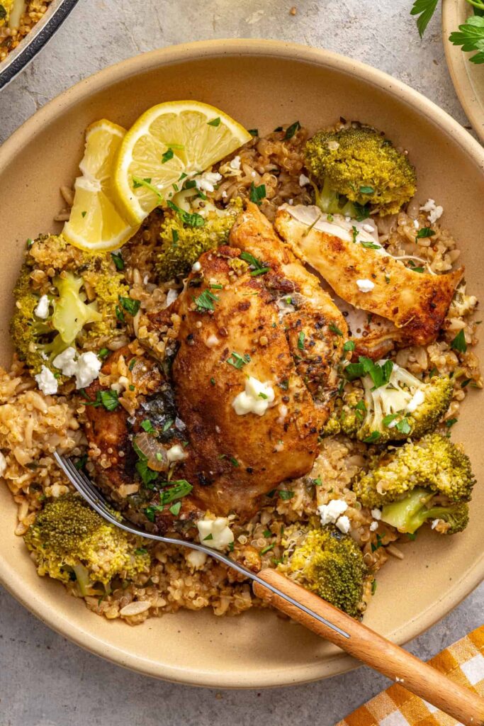 Overhead view of lemon herb chicken quinoa pilaf served in a bowl