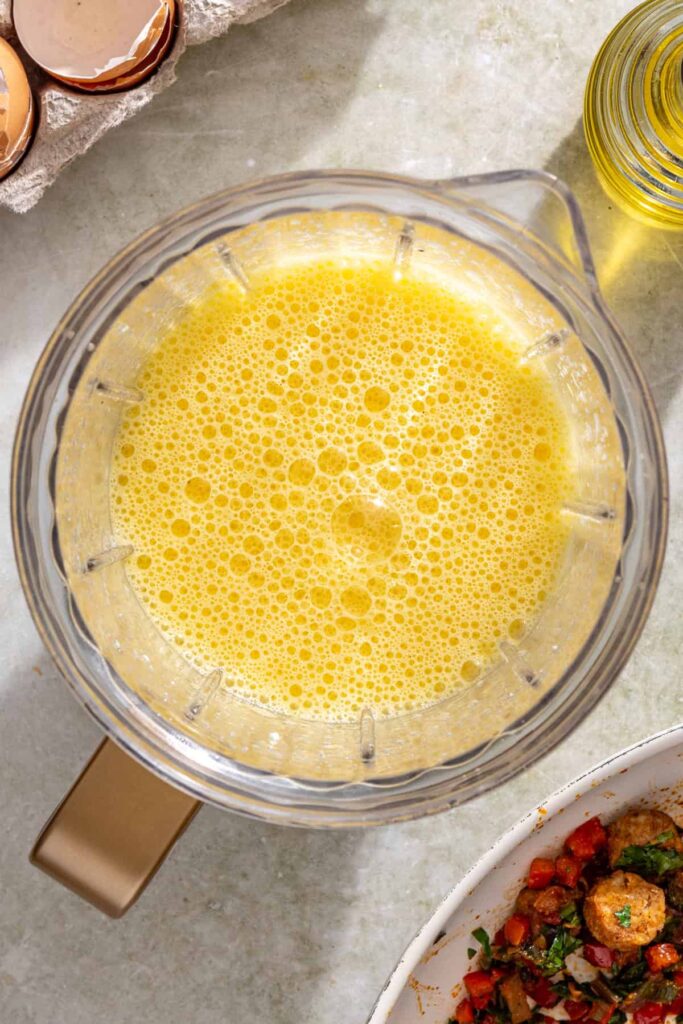 Blended egg mixture with cottage cheese for gluten-free quiche cups filling