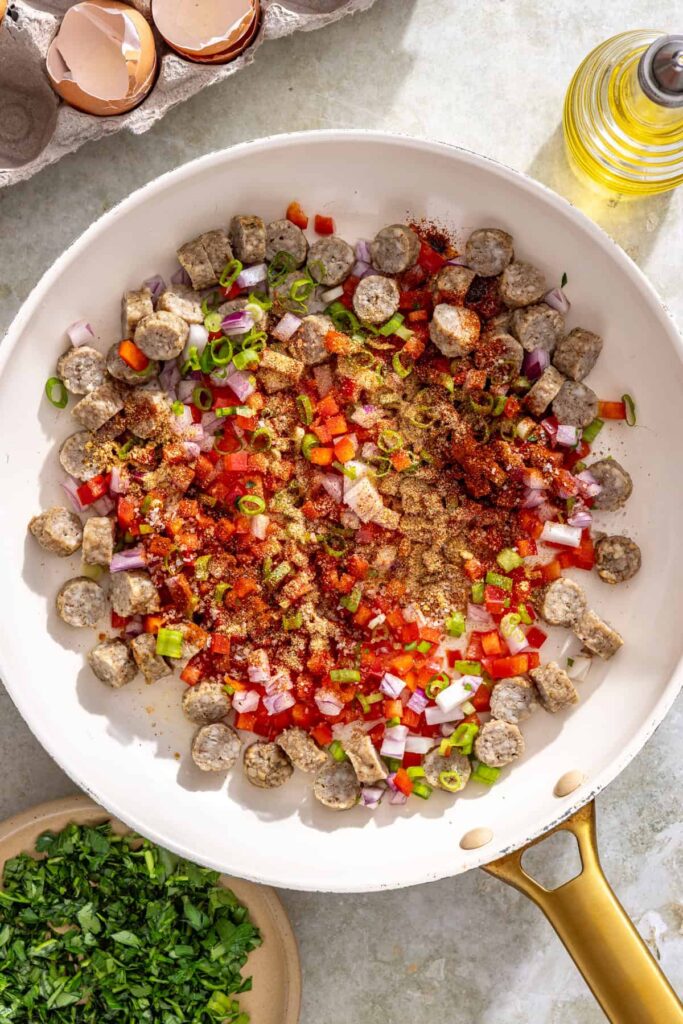 Savory filling mixture being prepared for gluten-free quiche cups recipe